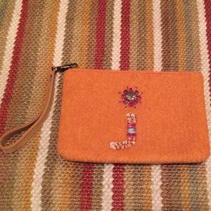 Miss Albright Anthropologie “J” initial jeweled sequin wool bag purse wristlet